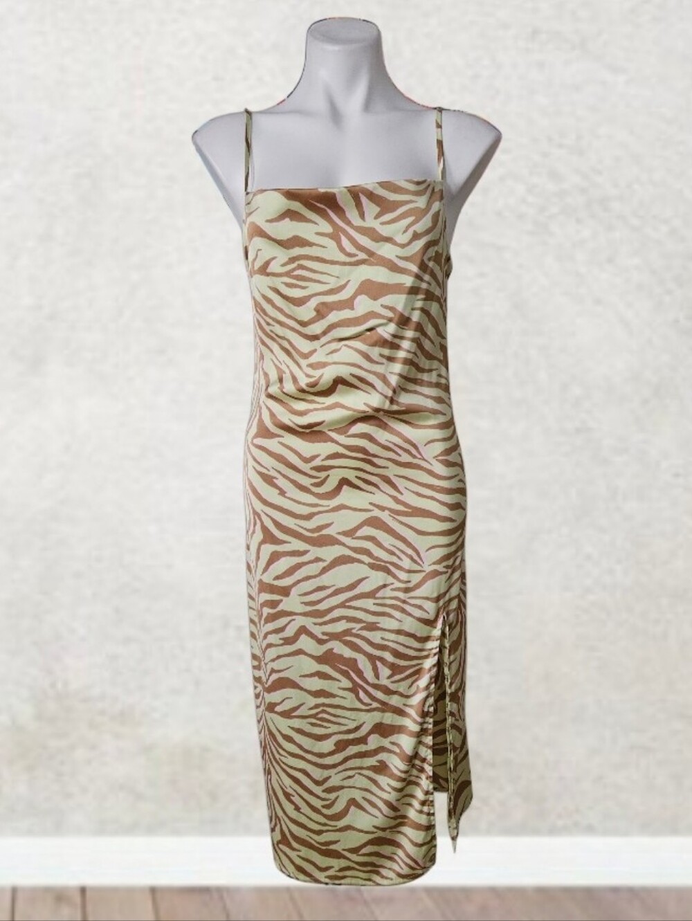 Satin Zebra-Print Midi Slip Dress in Beige and Brown Medium